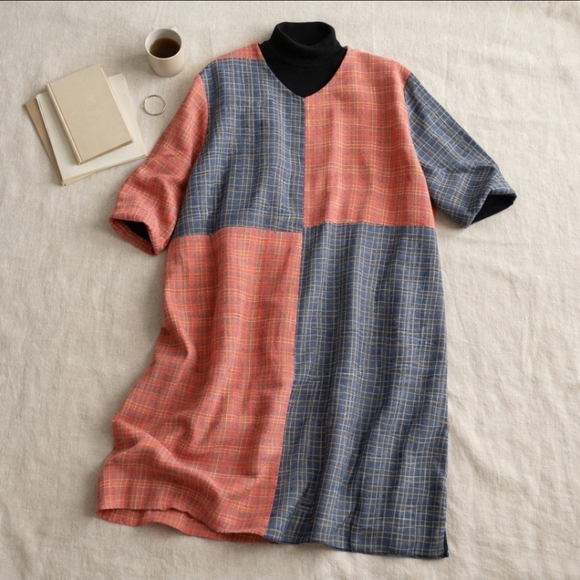 Mordenmiss Artisan Linen Patchwork Dress | Oversized Wabi-Sabi 26” P2P - Picture 5 of 12